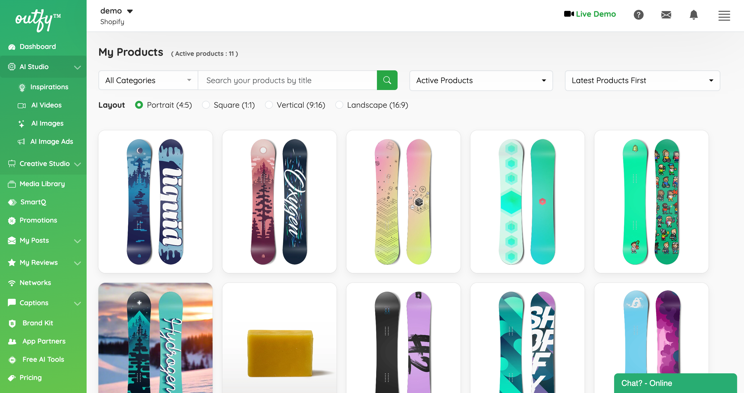 Outfy AI Studio interface showing the product grid for AI content generation