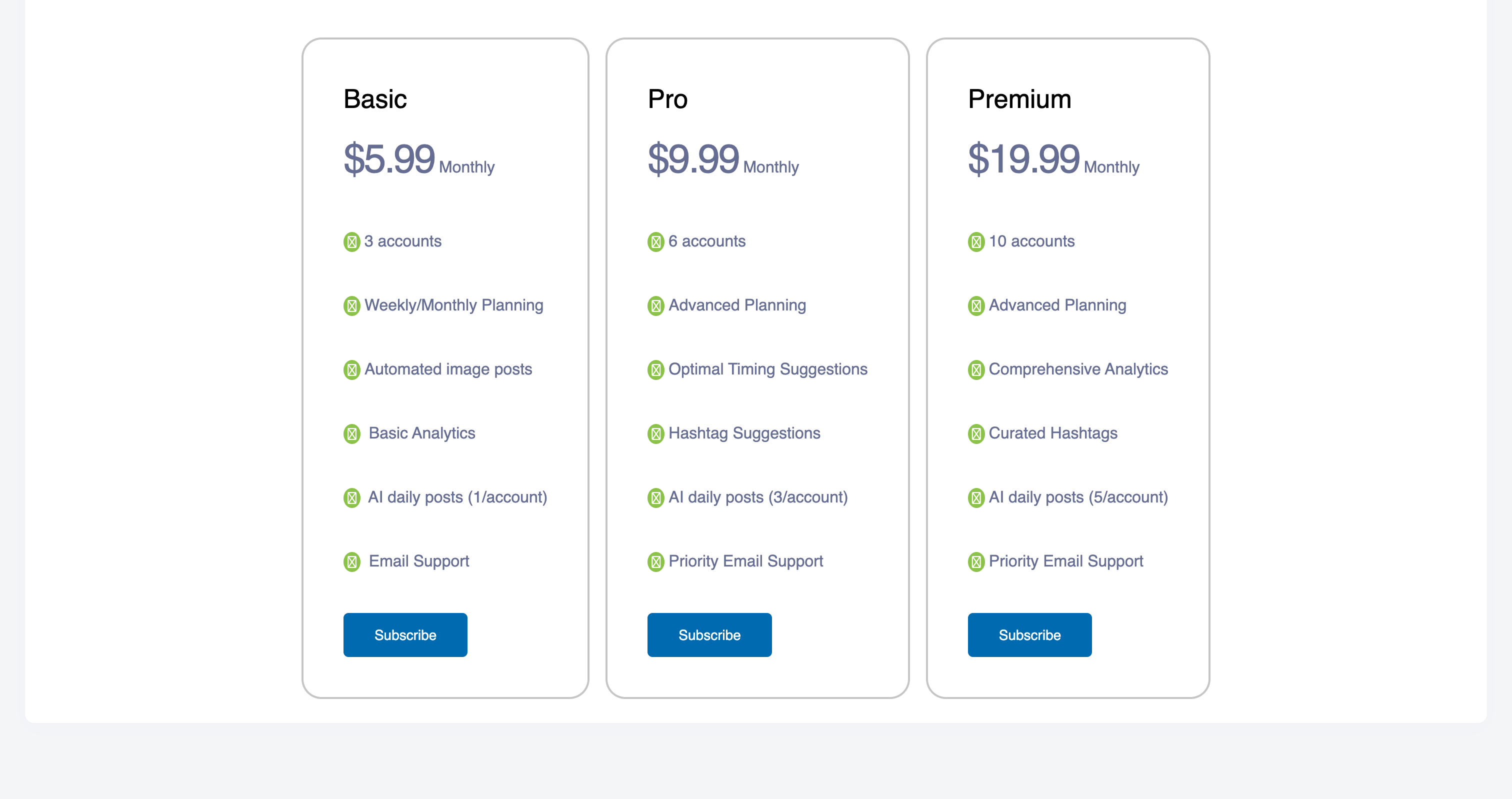Plan My Social pricing plans page showing Basic, Pro, and Premium subscription options with annual savings