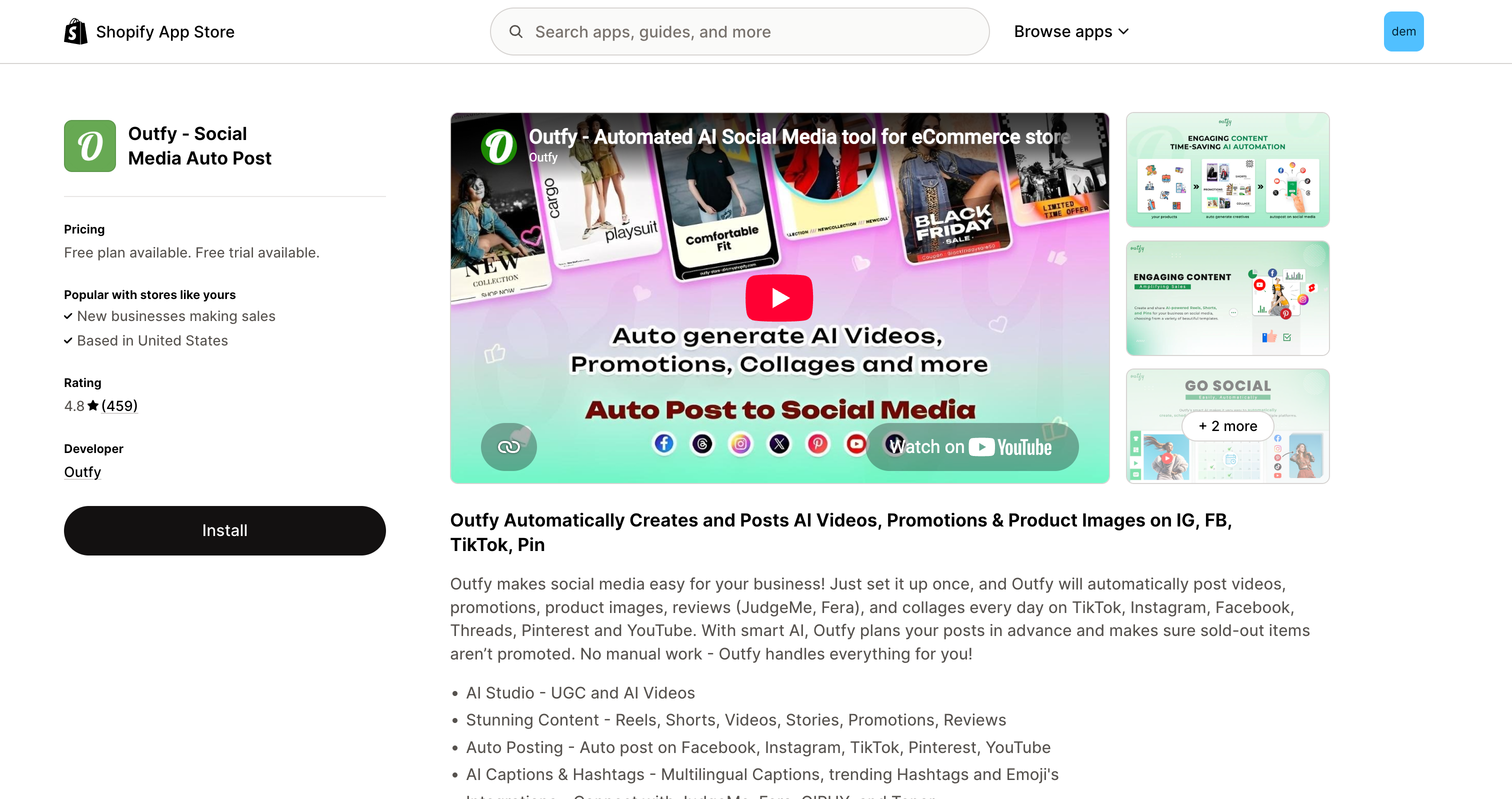 Outfy Shopify App Store listing