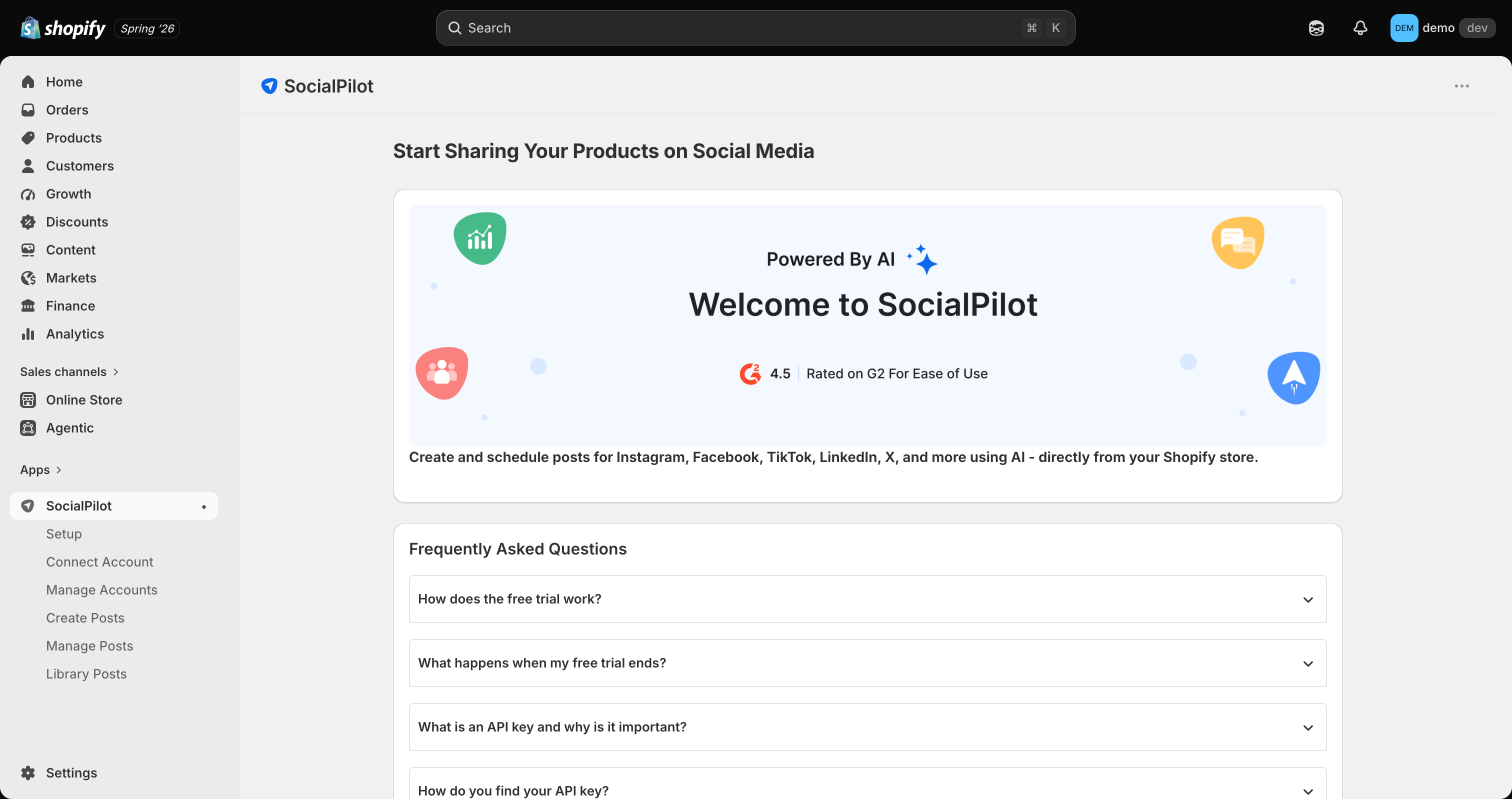 SocialPilot Shopify app welcome screen inside Shopify admin showing navigation items and the G2 4.5 badge reference