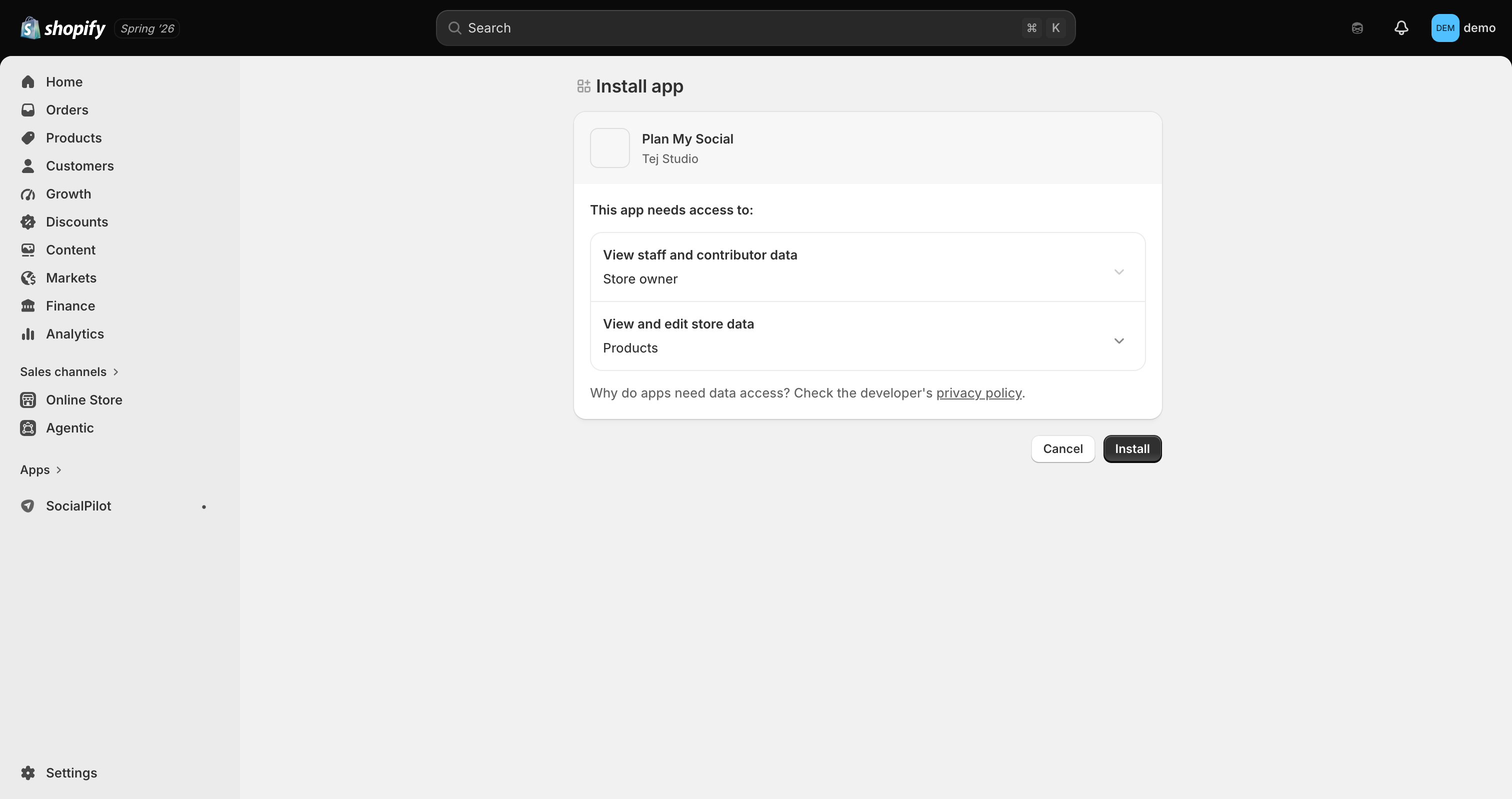Plan My Social permission grant screen at the start of onboarding before the external platform loads