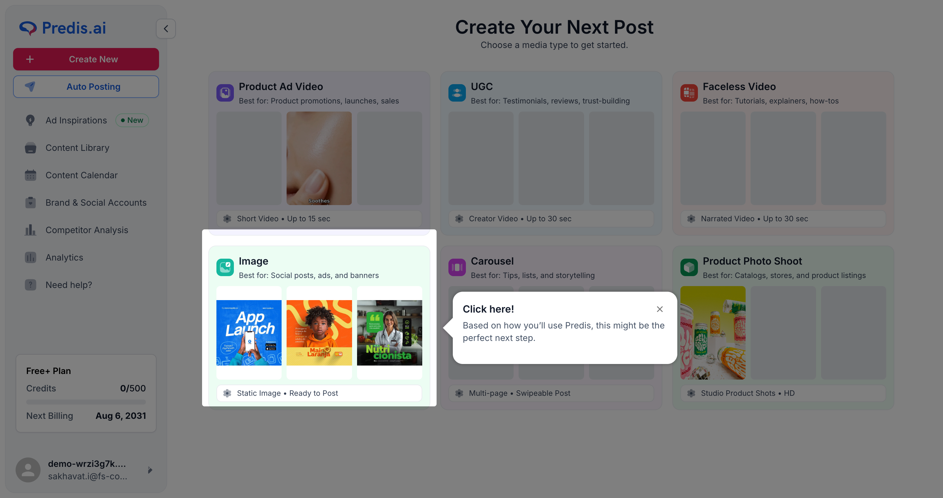 Predis.ai creation suite showing the 6 AI media types including Product Ad Video, UGC, Faceless Video, and more (archive: predisai-30-trial.png)
