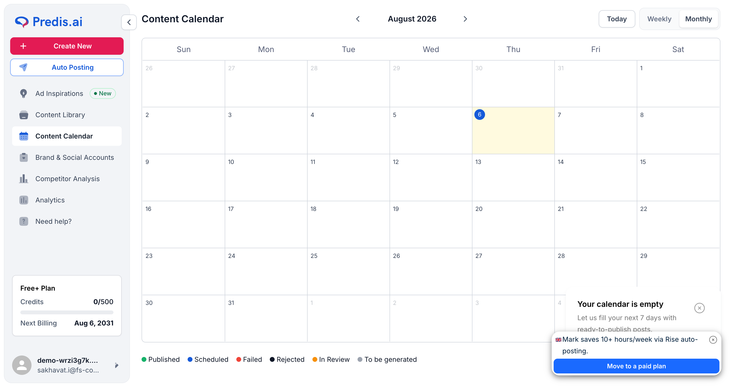 Predis.ai content calendar showing the day-by-day status view with approval workflow statuses