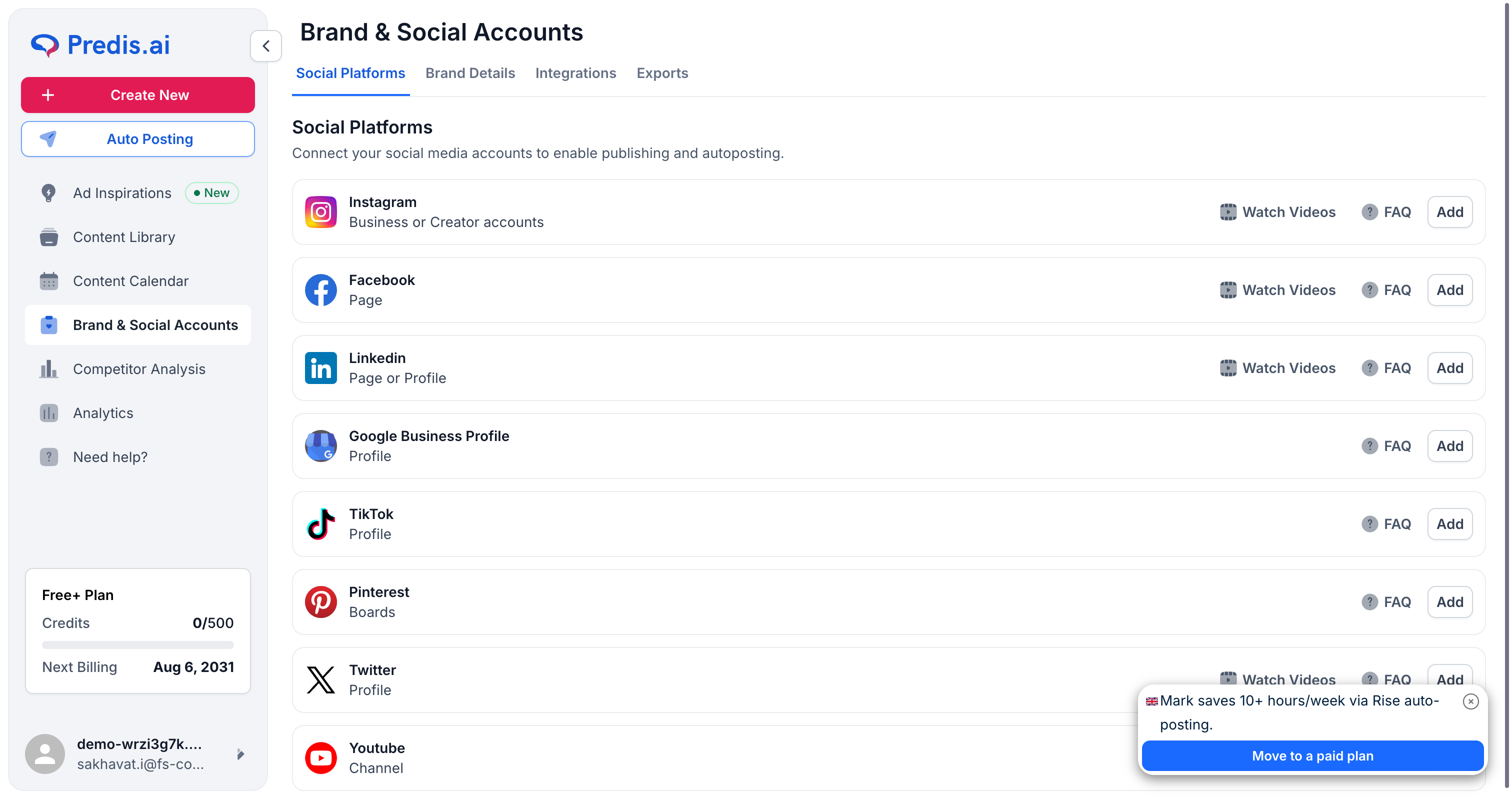 Predis.ai 8-network channel connect screen showing all supported social platforms