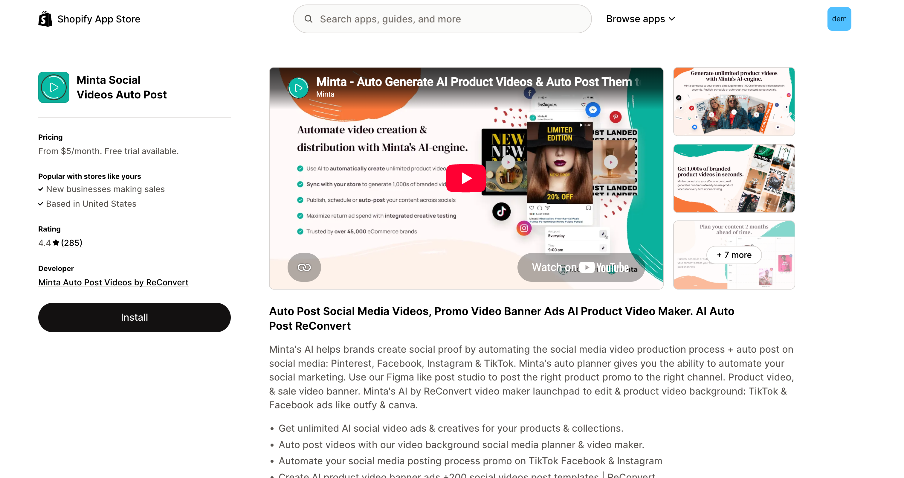 Minta Social Videos Auto Post App Store listing showing the app by ReConvert