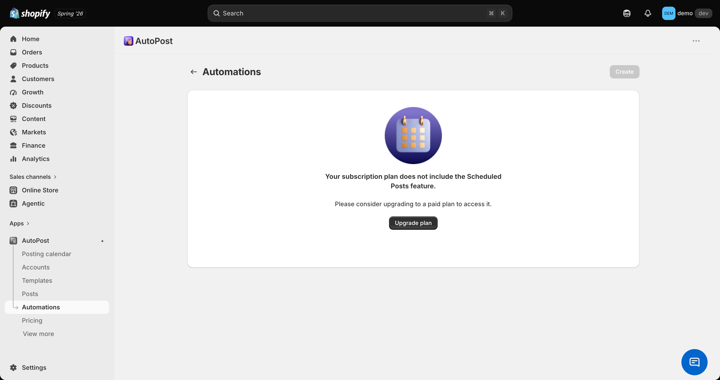 AutoPost AI automations screen showing upgrade prompt for scheduling and trigger-based automations