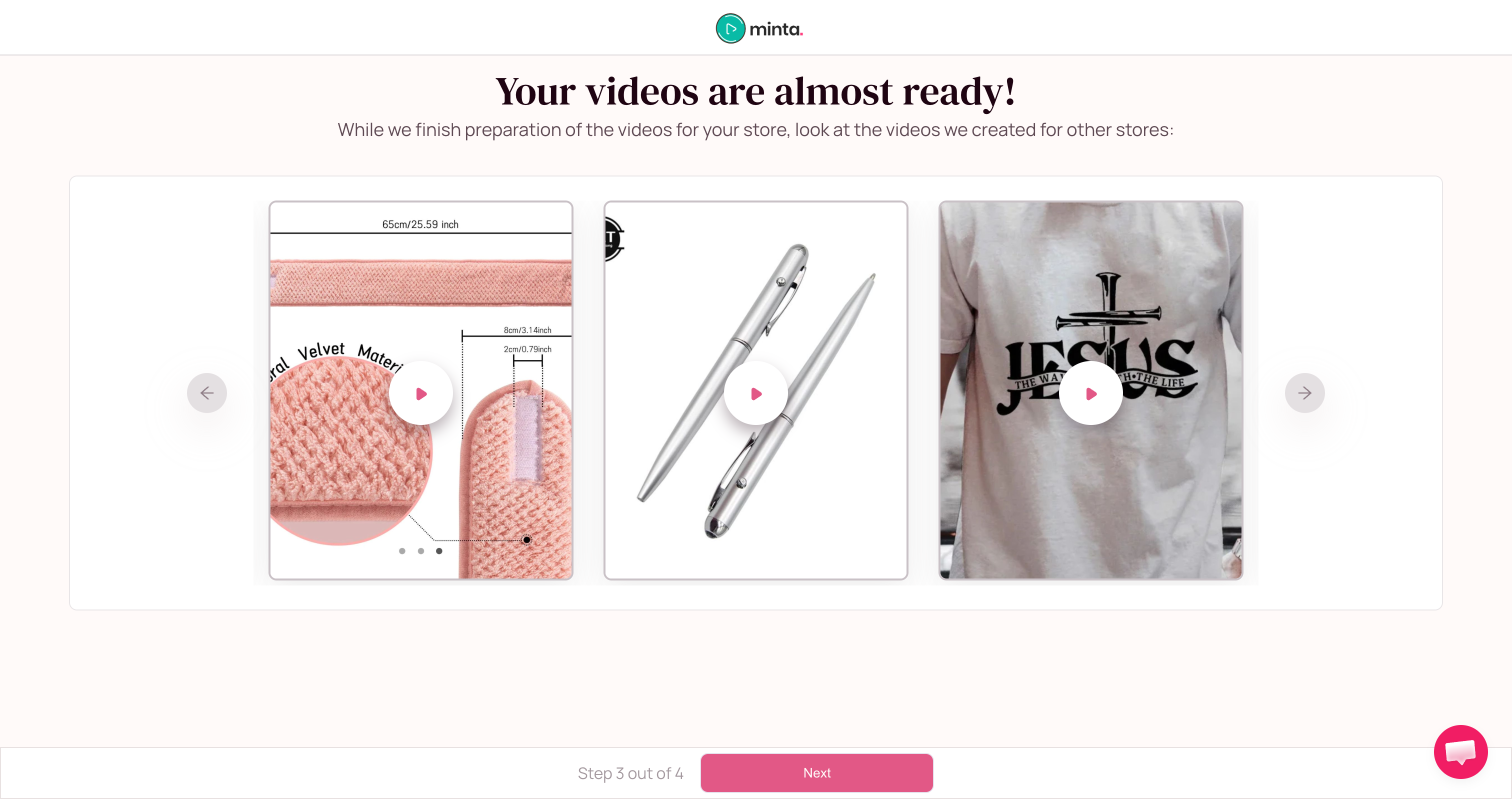 Minta onboarding step 3 showing the video template preview gallery before plan selection