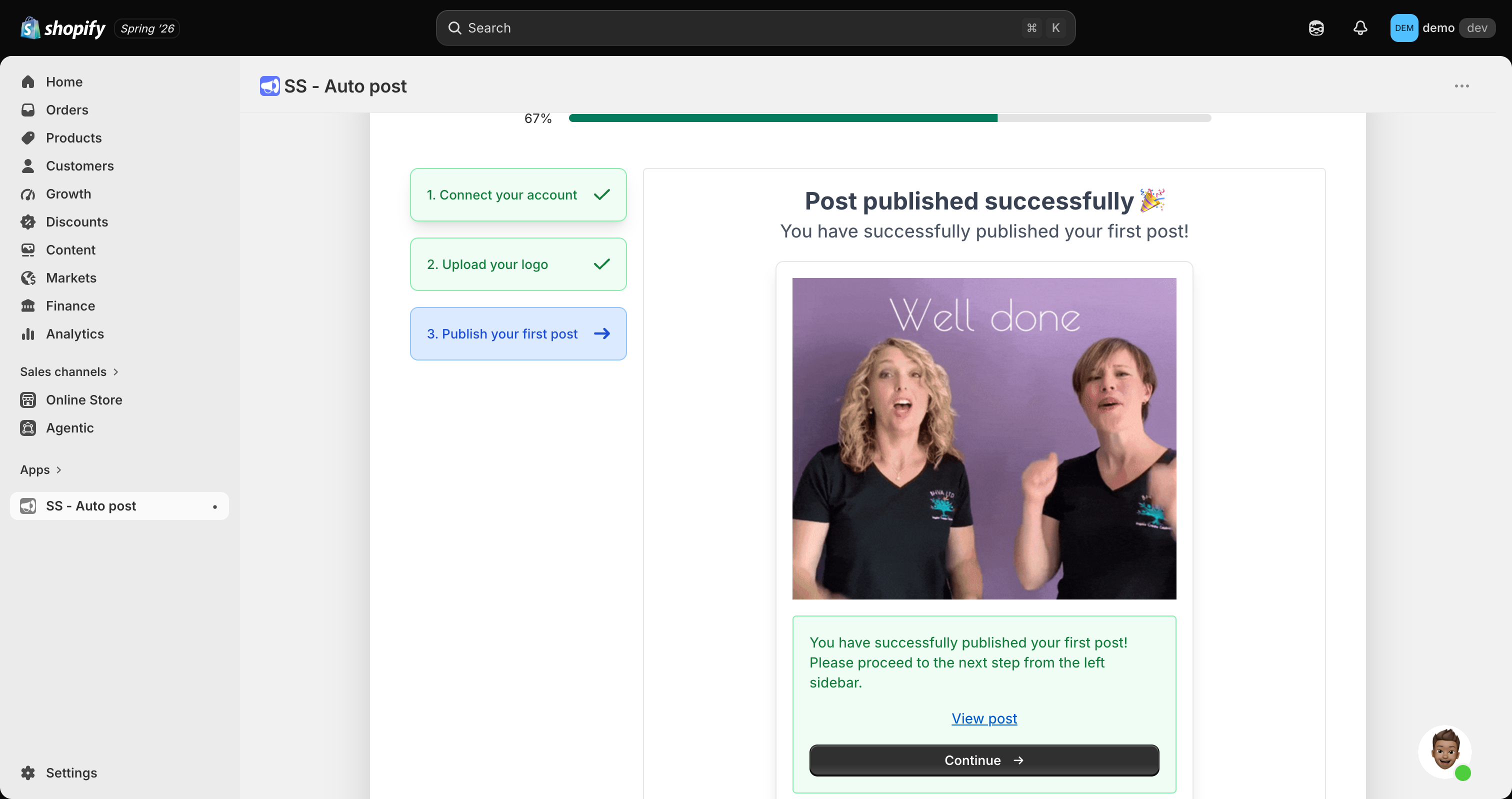 SS Social Media AI post published confirmation screen immediately followed by the pricing paywall at the end of onboarding
