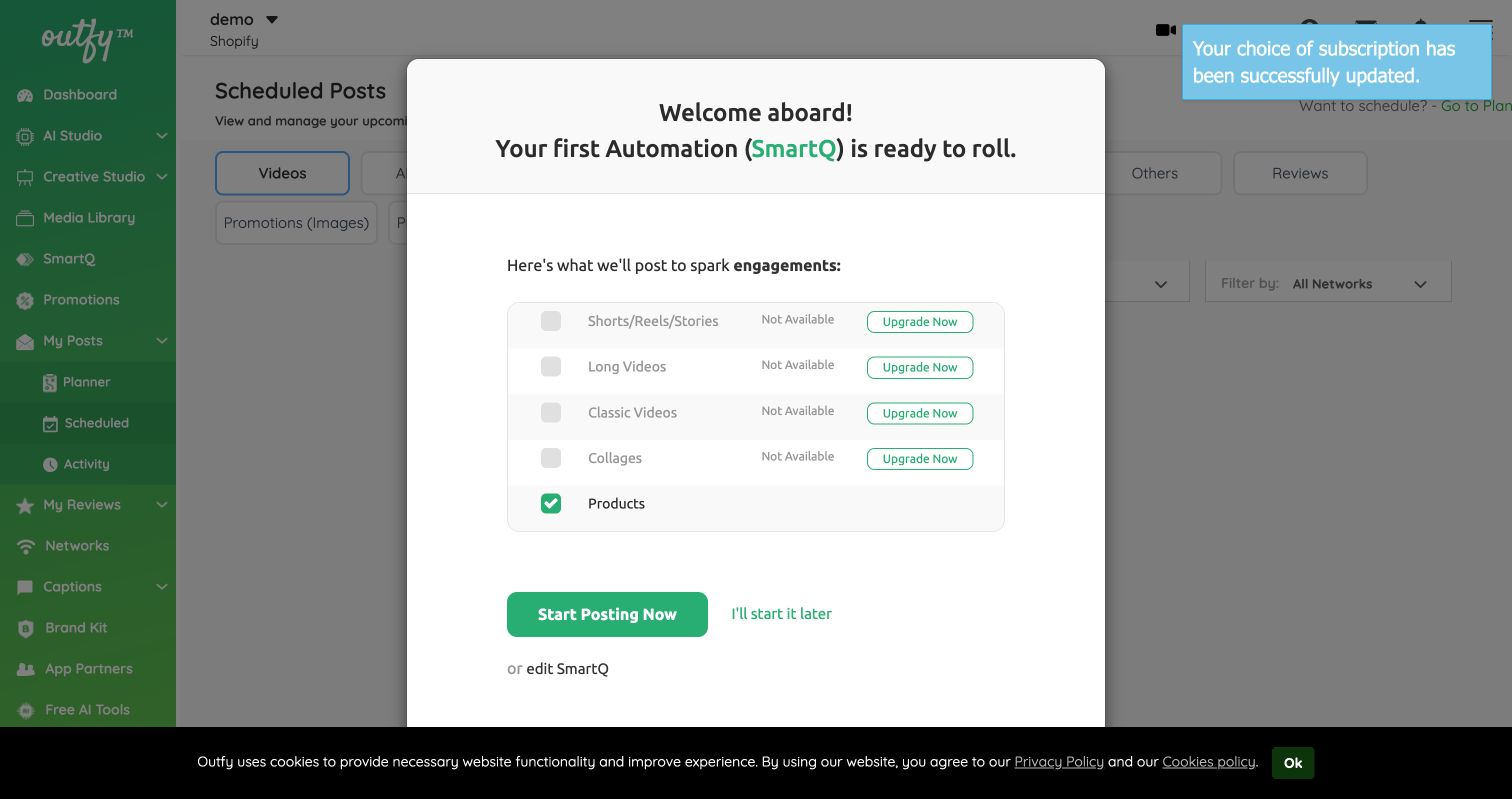 SmartQ welcome modal confirming all video content types are locked behind a paid plan upgrade on the Free tier