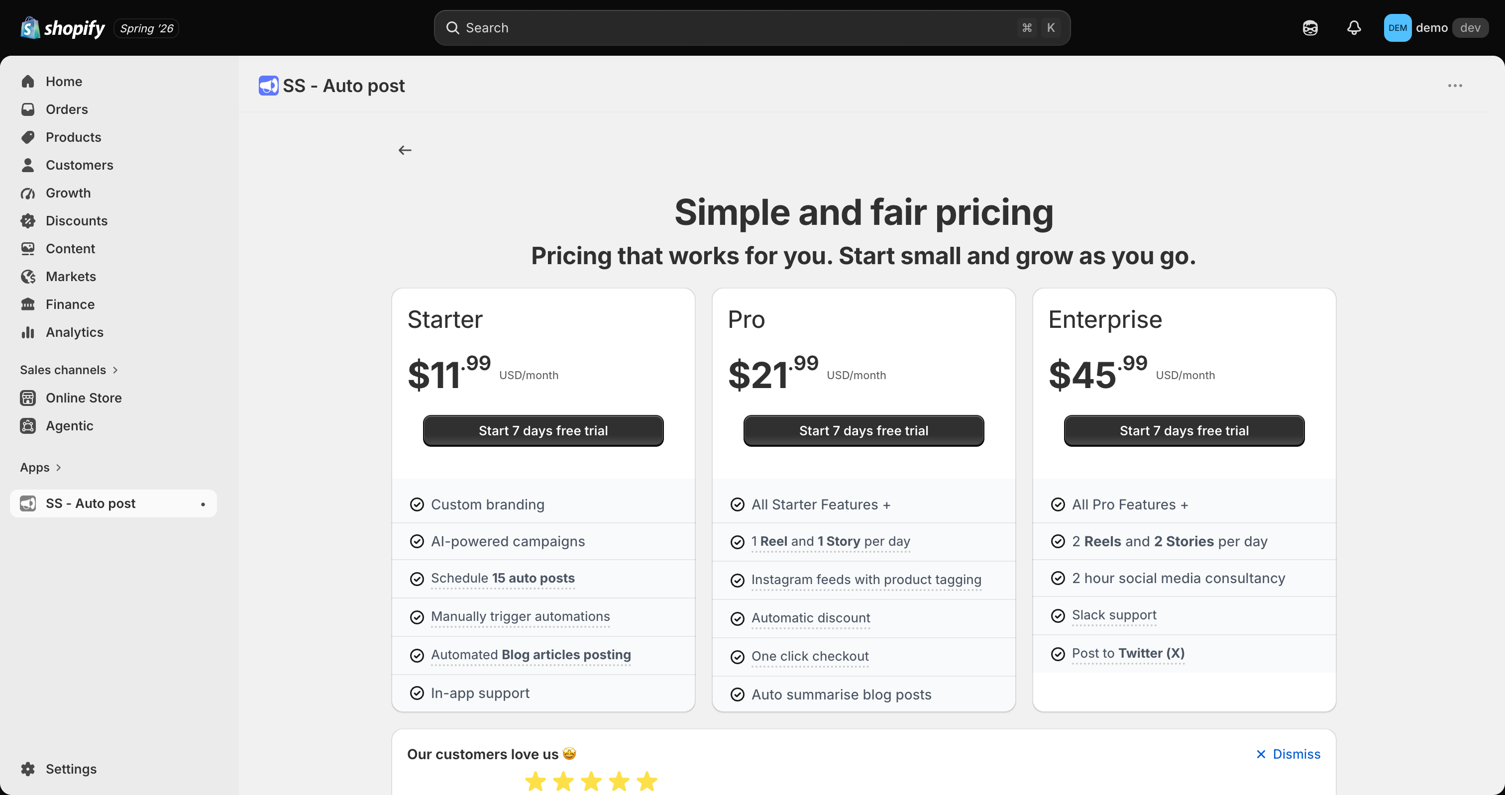 SS Social Media AI in-app Shopify Managed Pricing screen showing Starter, Pro, and Enterprise plan tiers