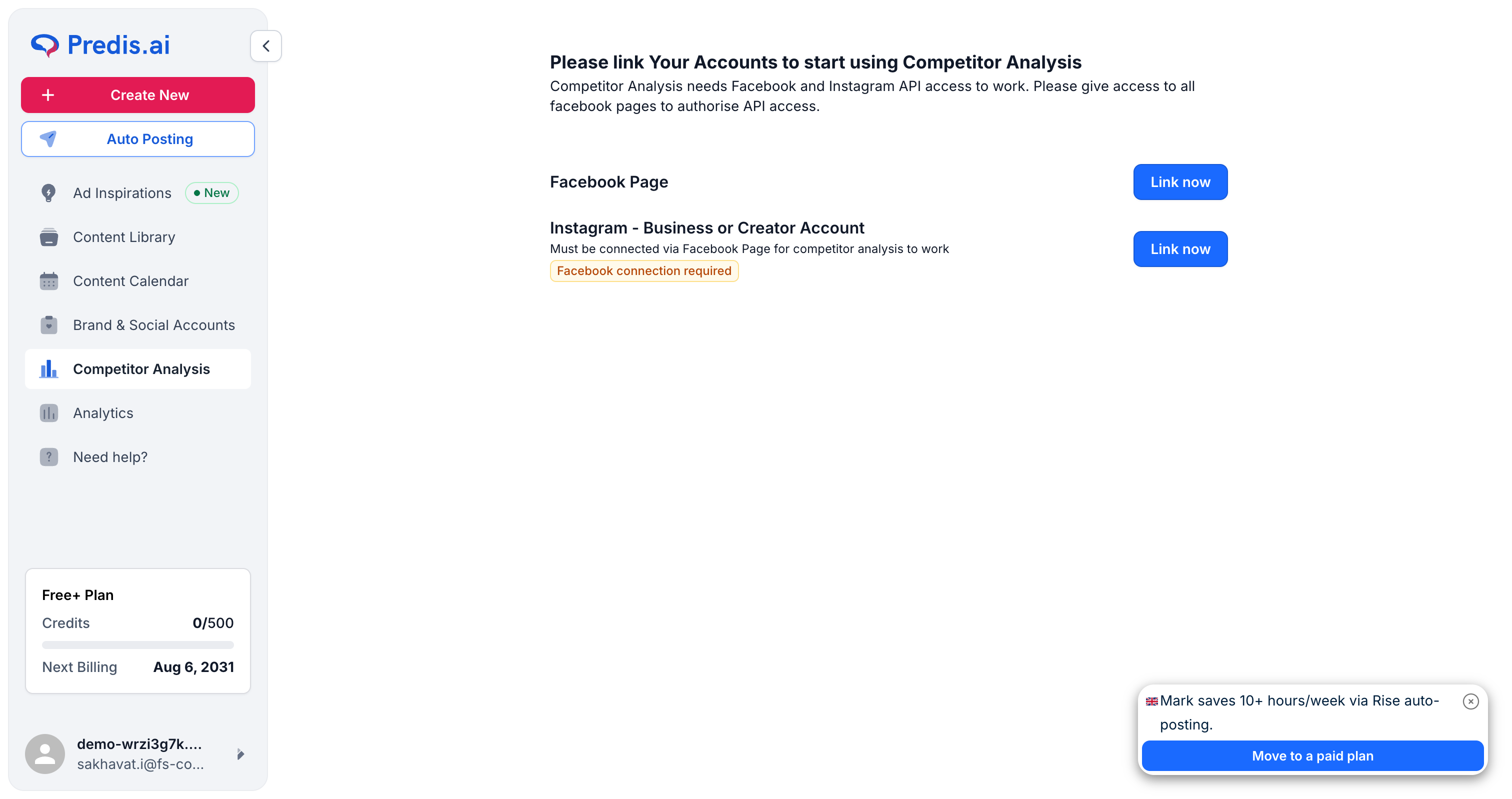 Predis.ai competitor analysis screen showing competitor brand posting activity on Facebook and Instagram
