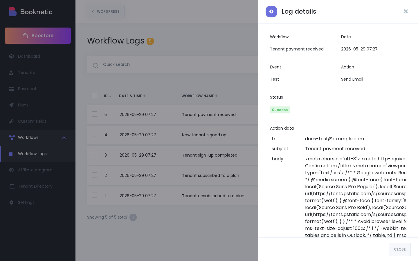 Log-Details-Panel mit Workflow, Date, Event, Action, Status (Success) und einer Action data-Tabelle mit to/subject/body-Feldern