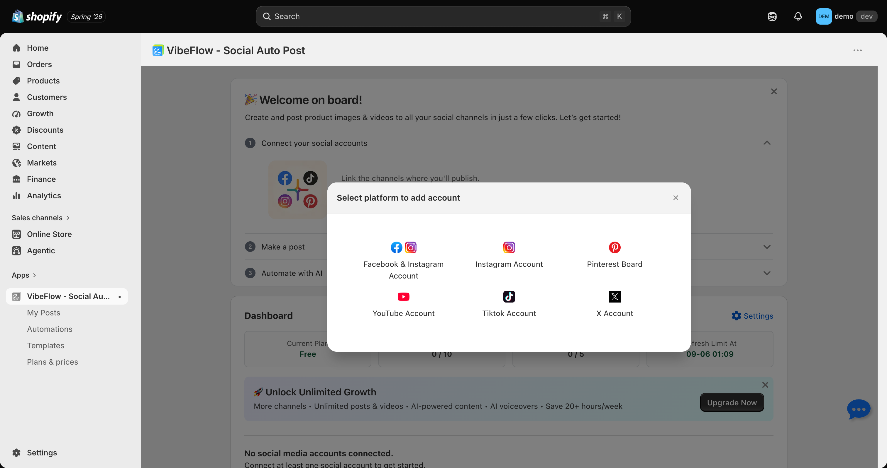 VibeFlow in-app channel connect screen showing the 6 available networks with LinkedIn absent from the options