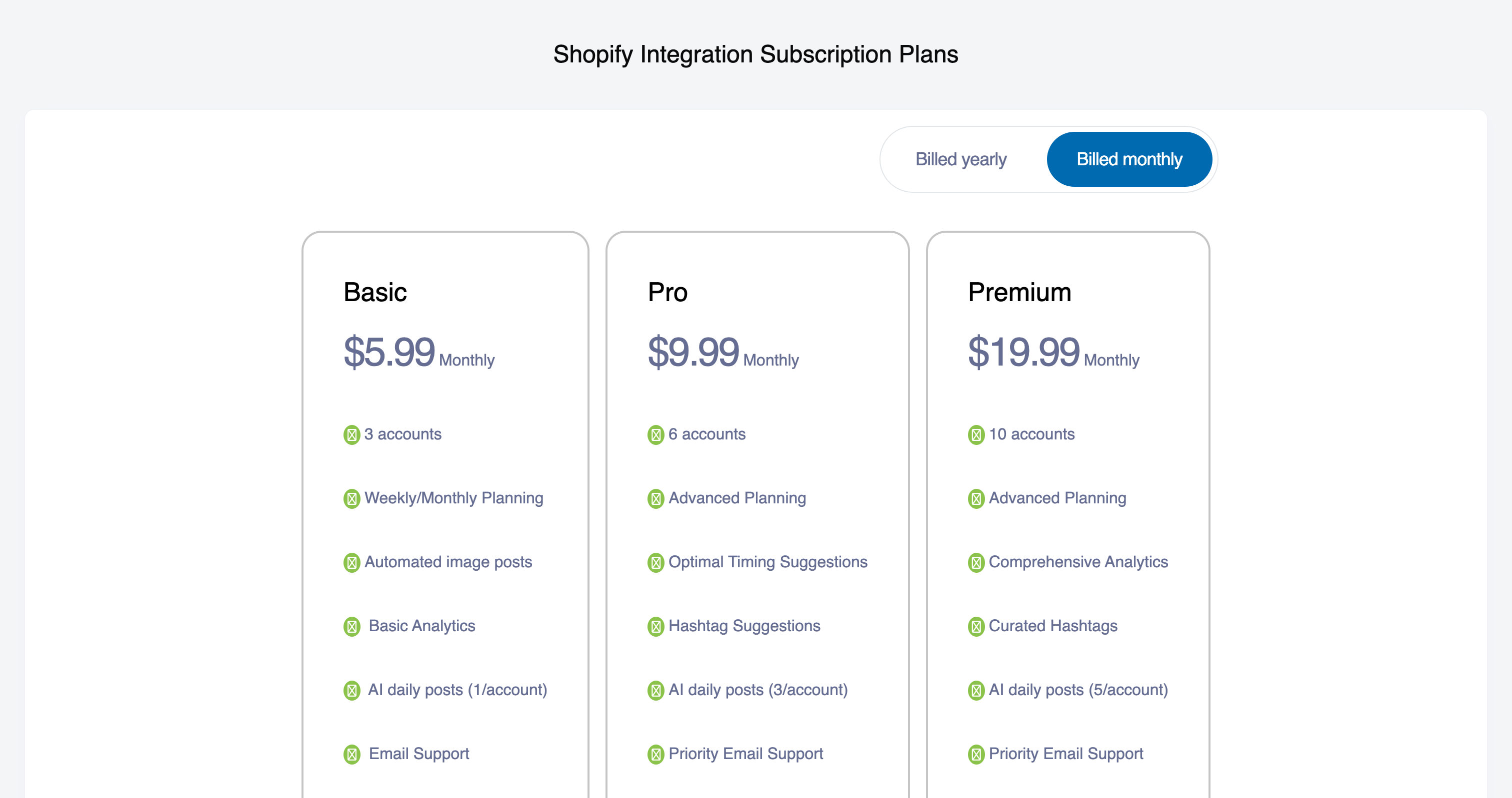 Plan My Social subscription plans screen shown immediately on install before any app UI is visible (archive: plan-my-social-03-step2.png)