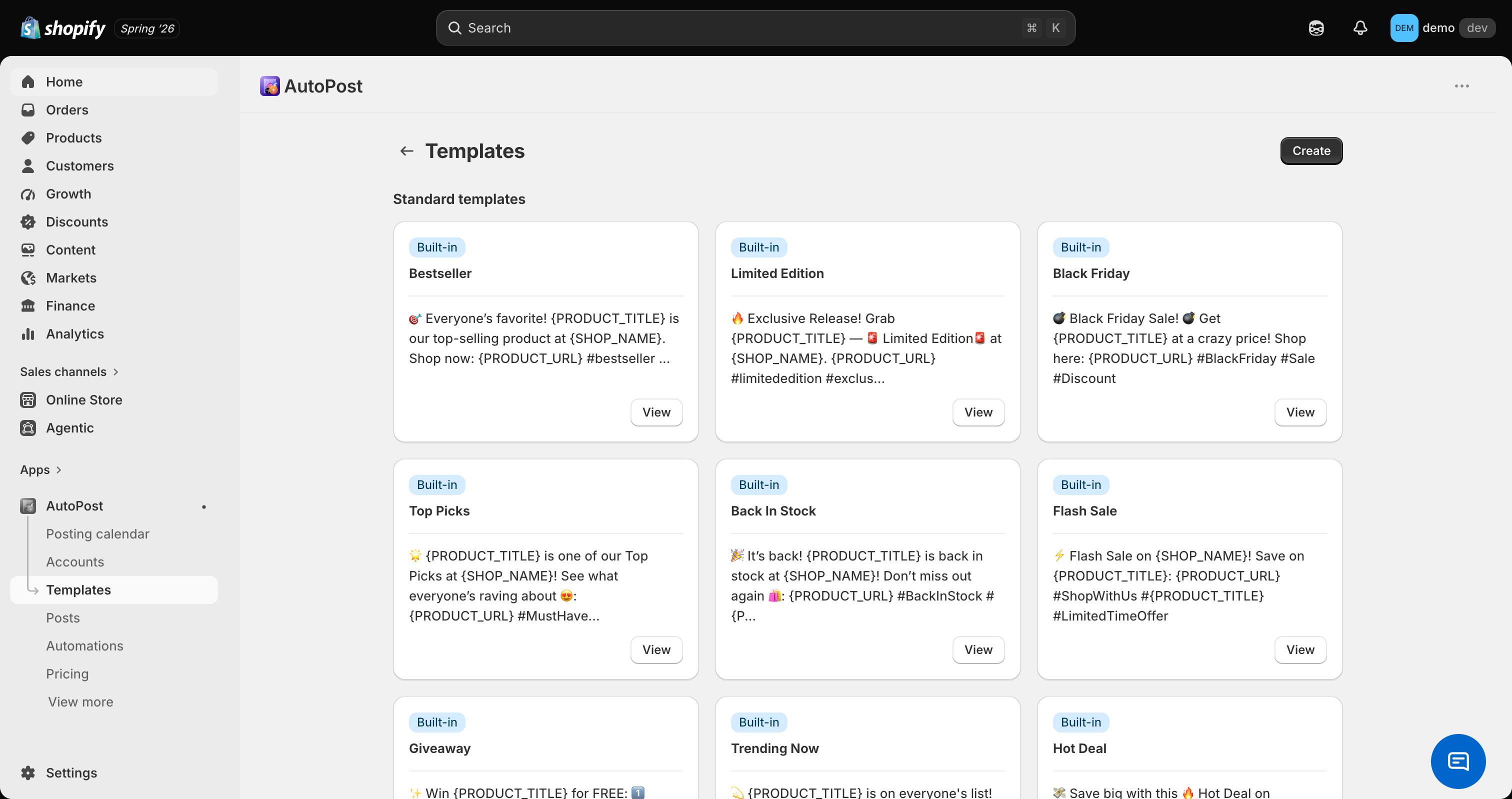 AutoPost AI caption template library showing purpose-built themes with product variable placeholders
