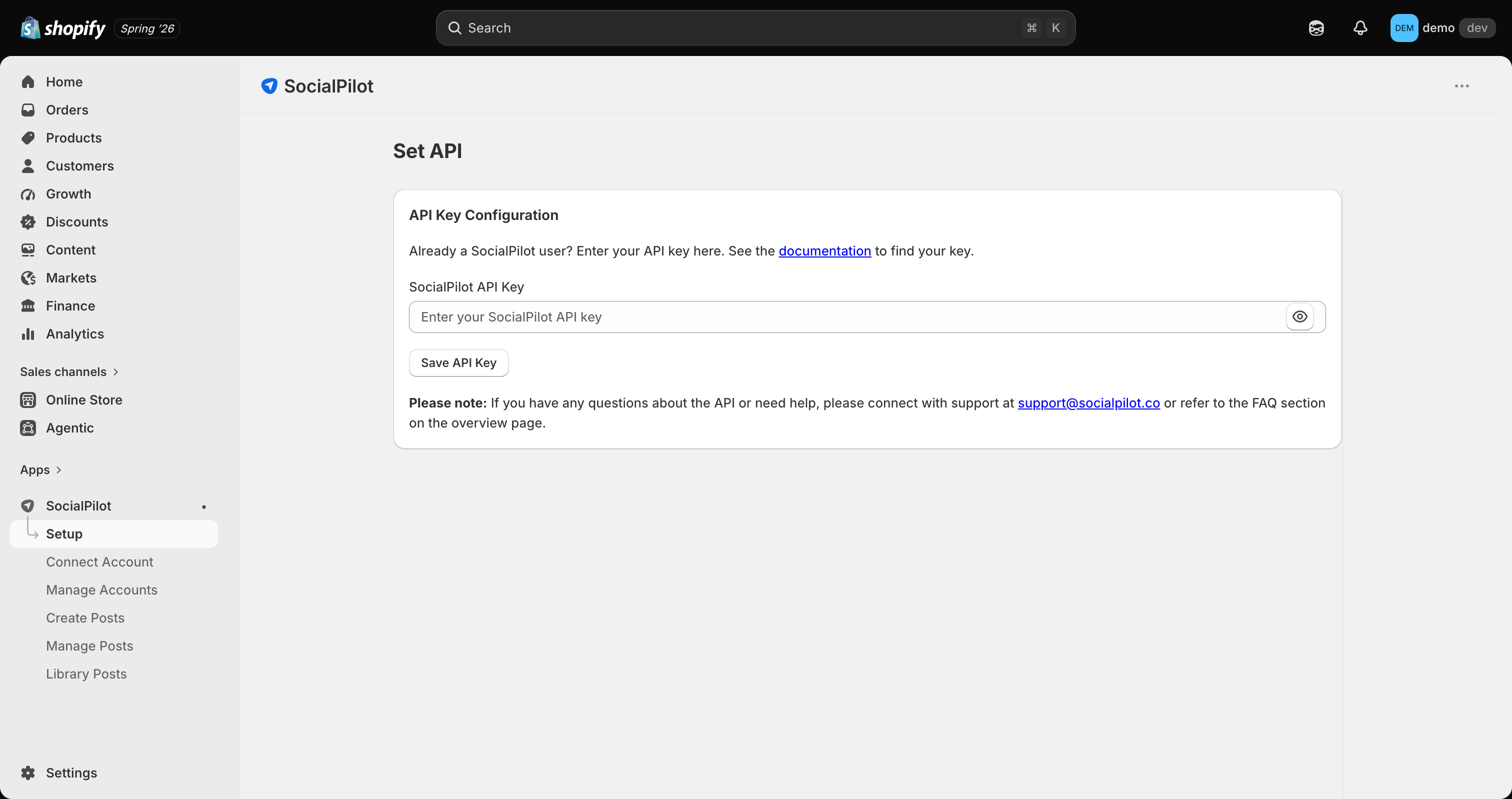 SocialPilot Shopify setup screen showing the single API key input field required before any features are accessible