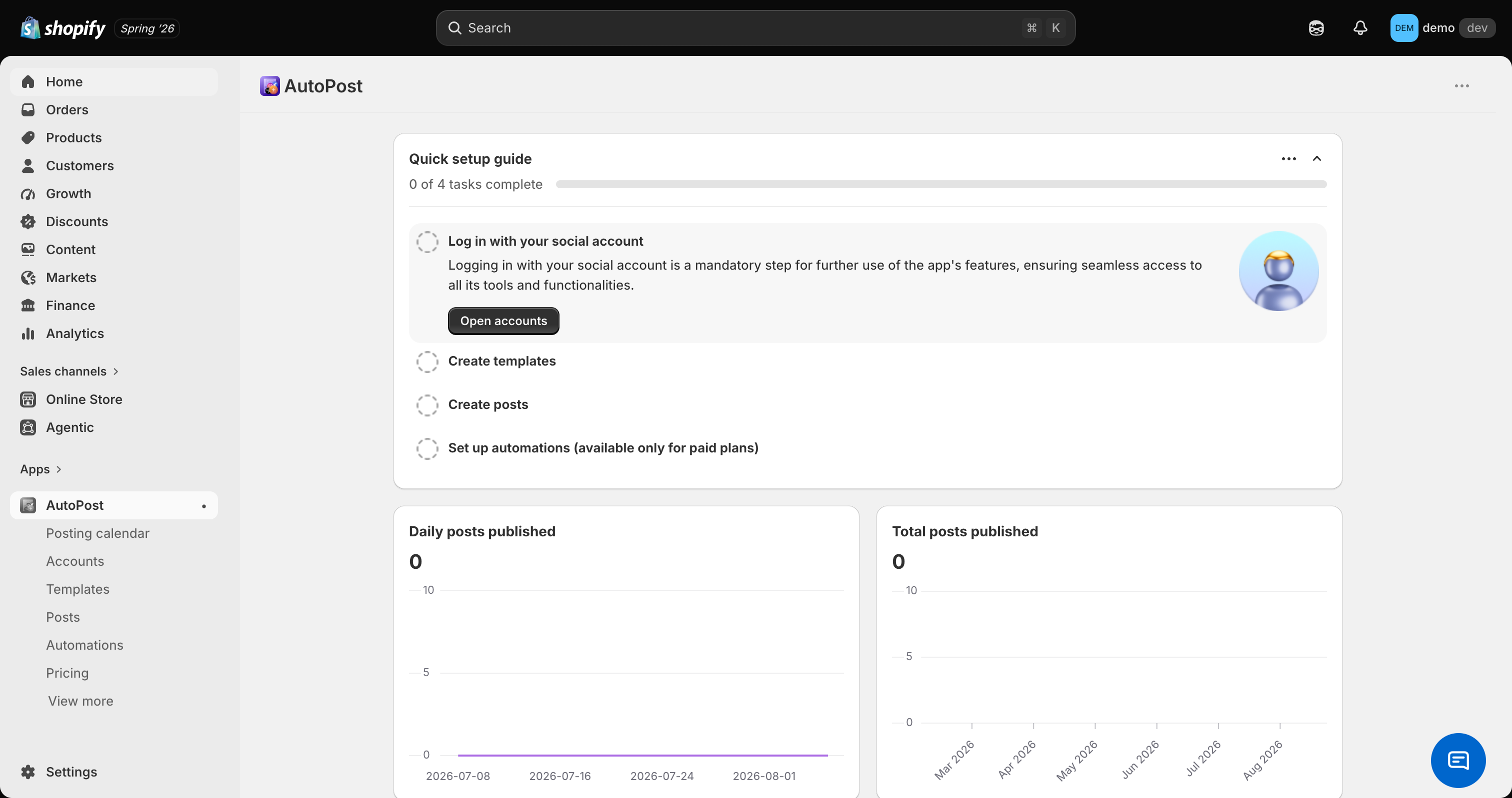 AutoPost AI dashboard showing quick-setup guide and template library inside Shopify admin (archive: autopost-ai-03-app.png)