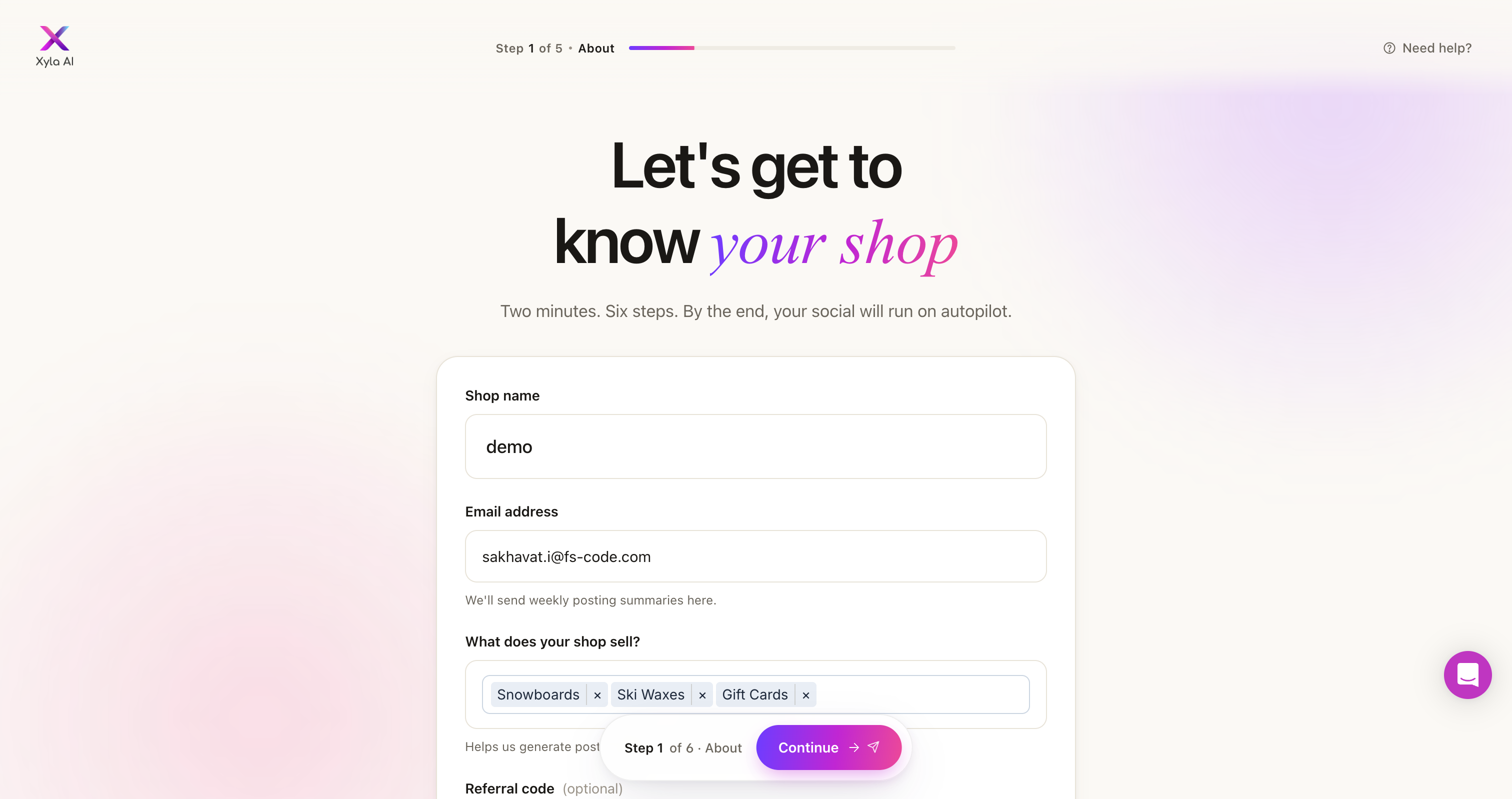 Xyla AI onboarding wizard step 1 showing product types pre-filled from the Shopify catalog via API, requiring no manual input