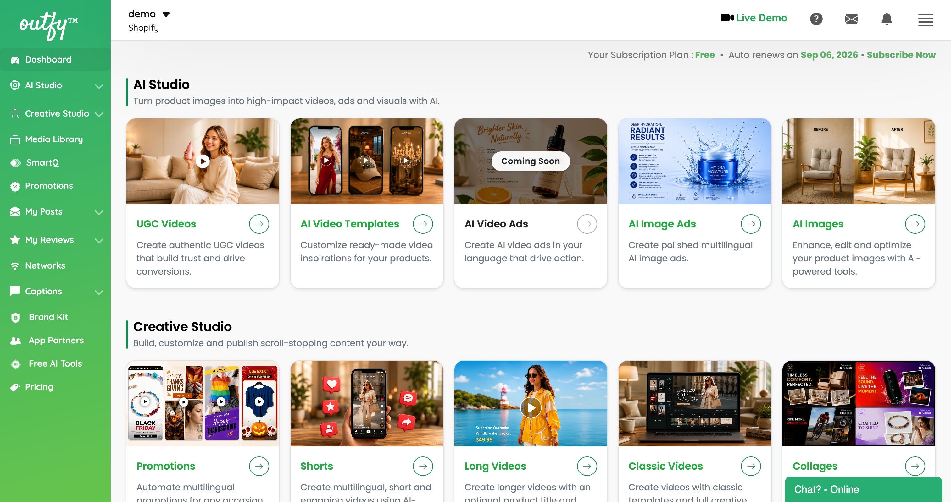 Outfy dashboard showing AI-generated product videos, SmartQ automation panel, and creative controls (archive: outfy-08-dashboard.png)