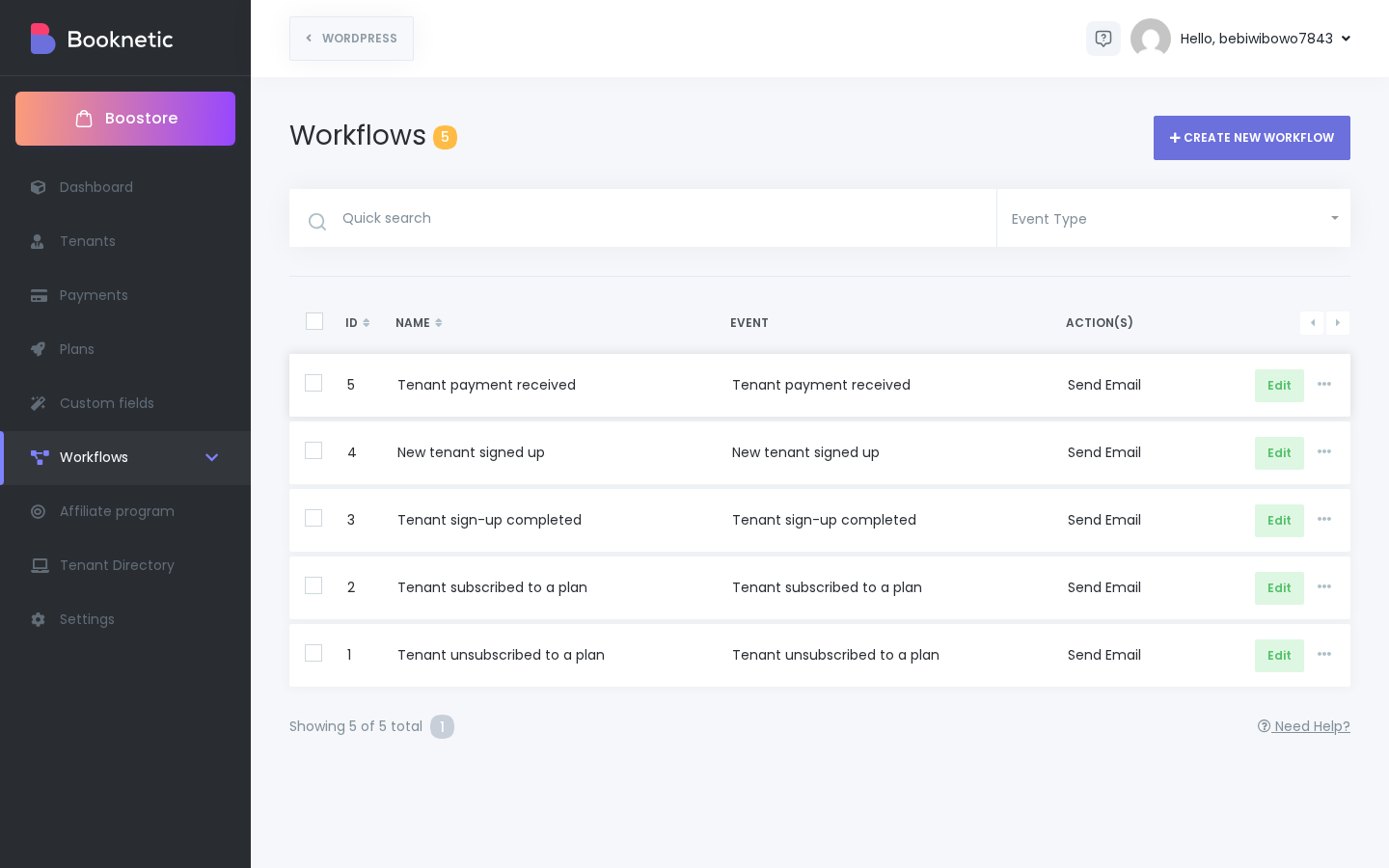 Booknetic SaaS-Seitenleiste mit geöffnetem Workflows-Menü und dem Untermenü Workflow Logs