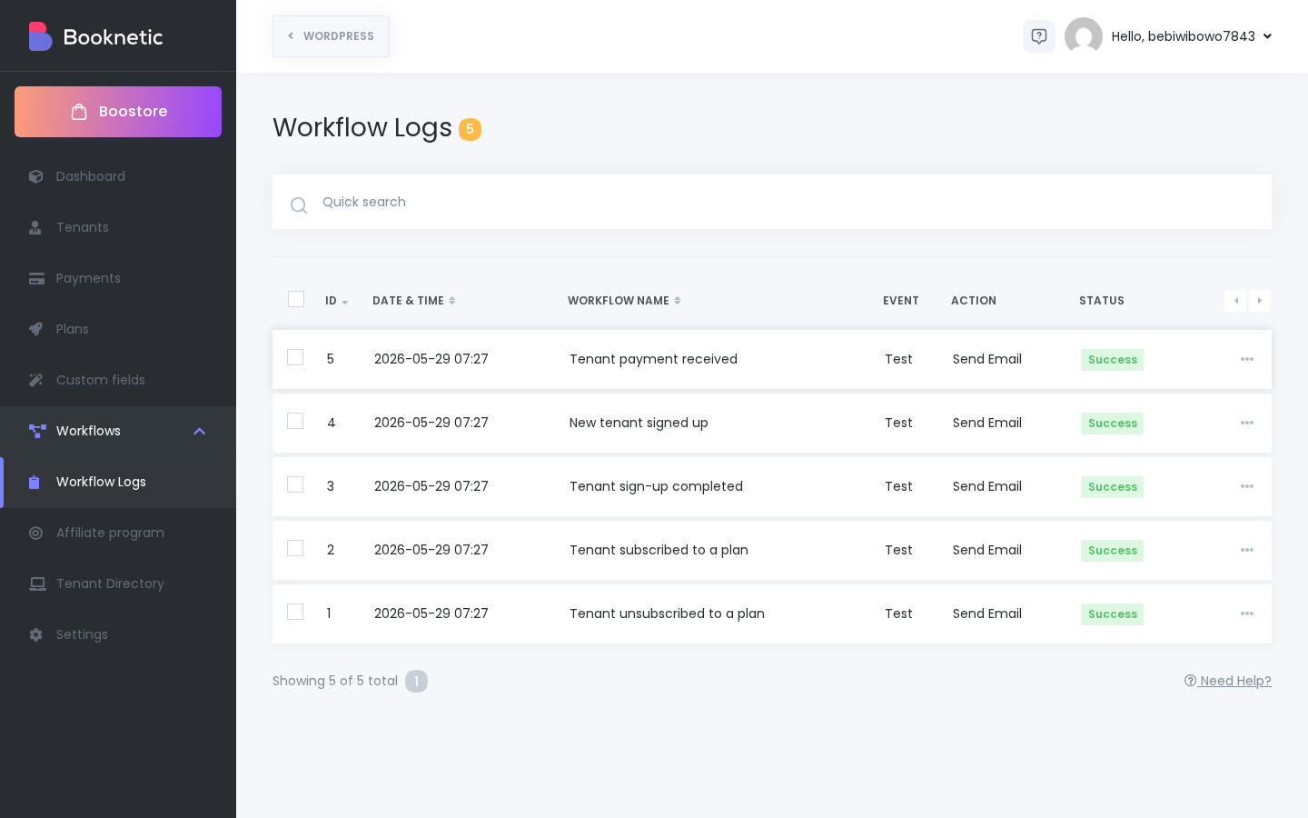 Haupttabelle von Workflow Logs mit fünf Zeilen und den Spalten ID, Date & Time, Workflow name, Event, Action, Status