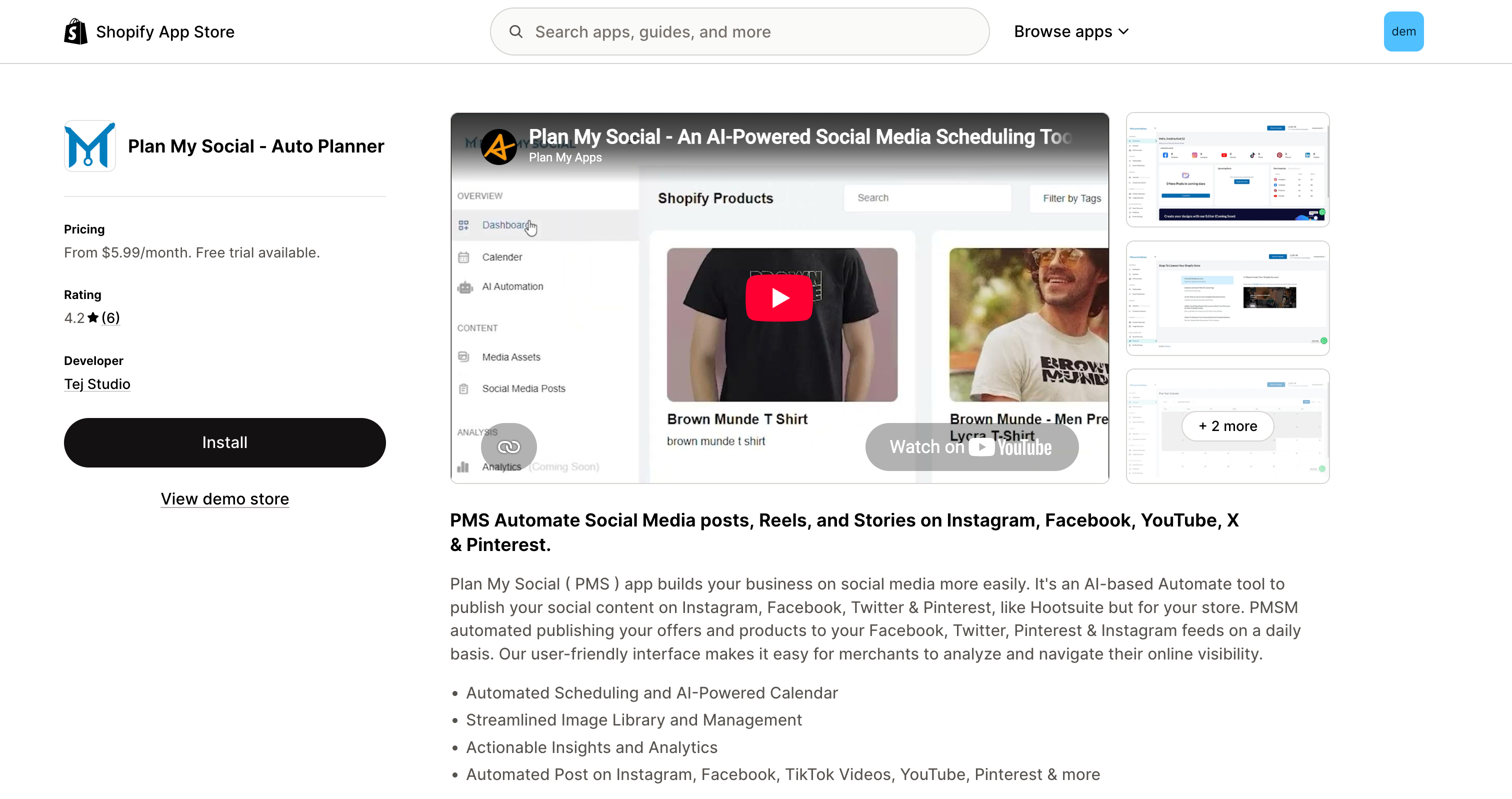 Plan My Social App Store listing showing the app by Tej Studio with pricing plans
