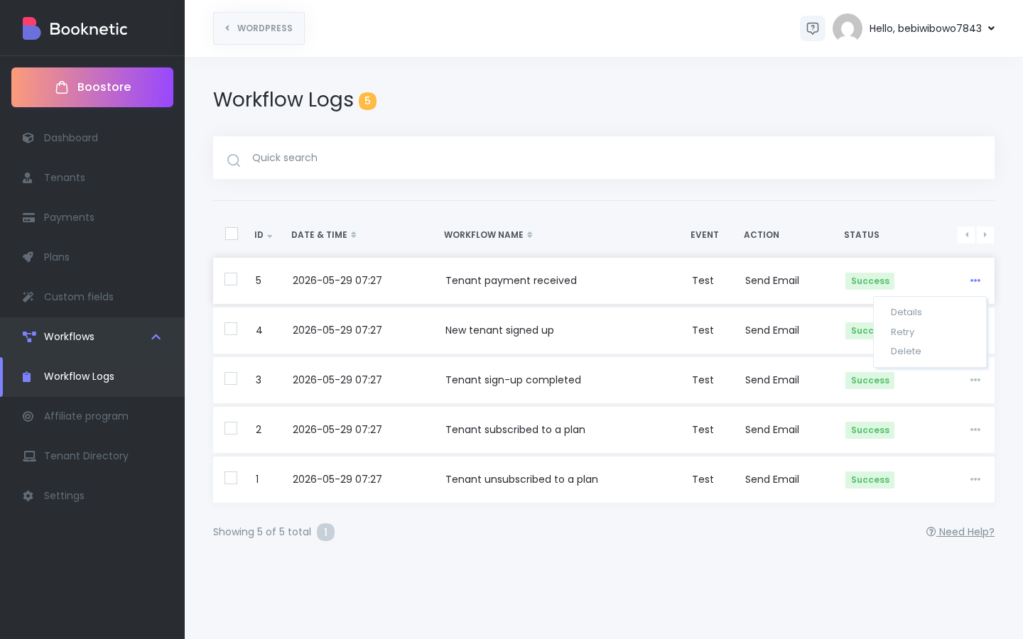 Zeilenmenü mit den Optionen Details, Retry und Delete