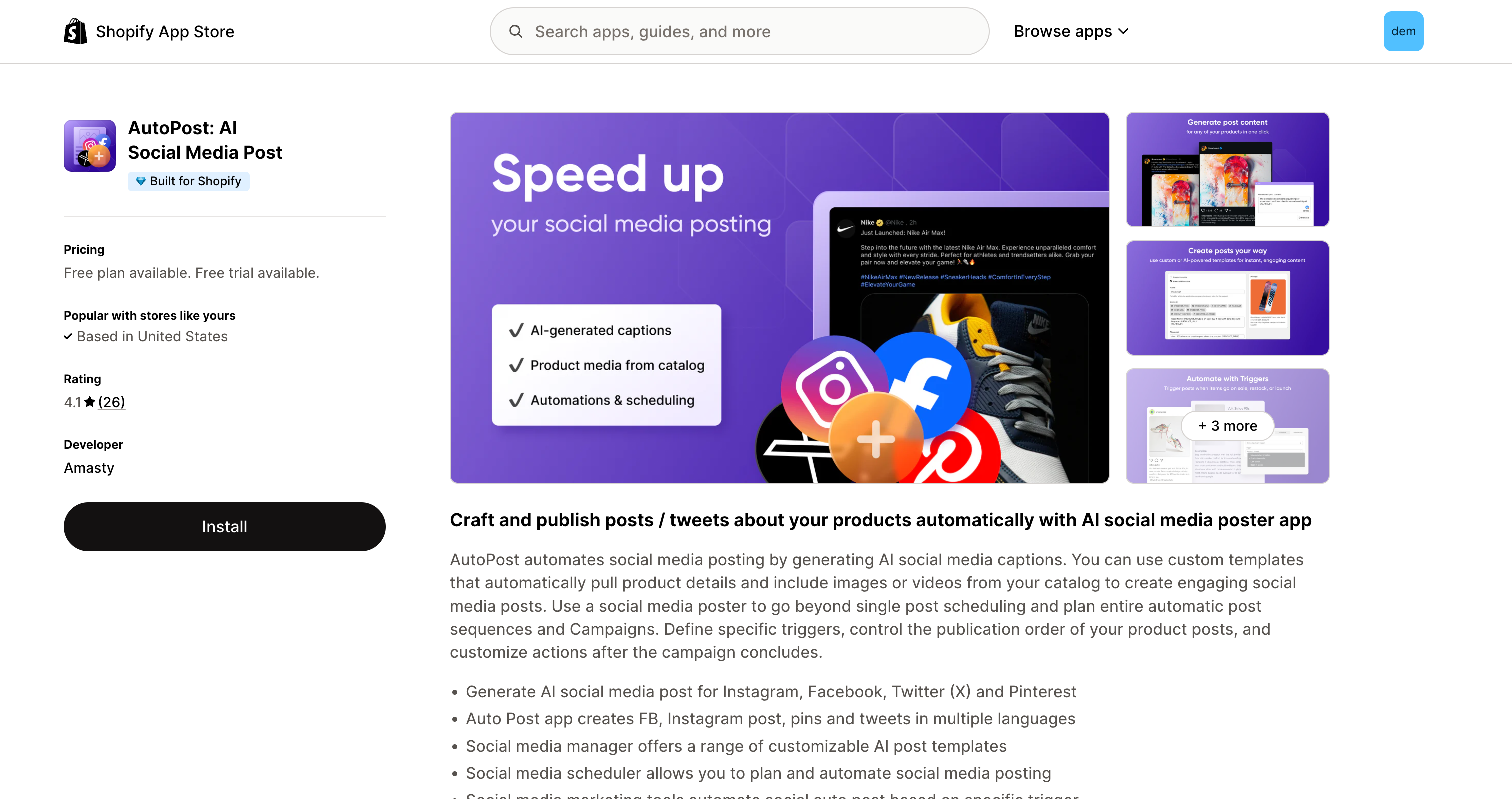 AutoPost AI App Store listing overview showing the app by Amasty