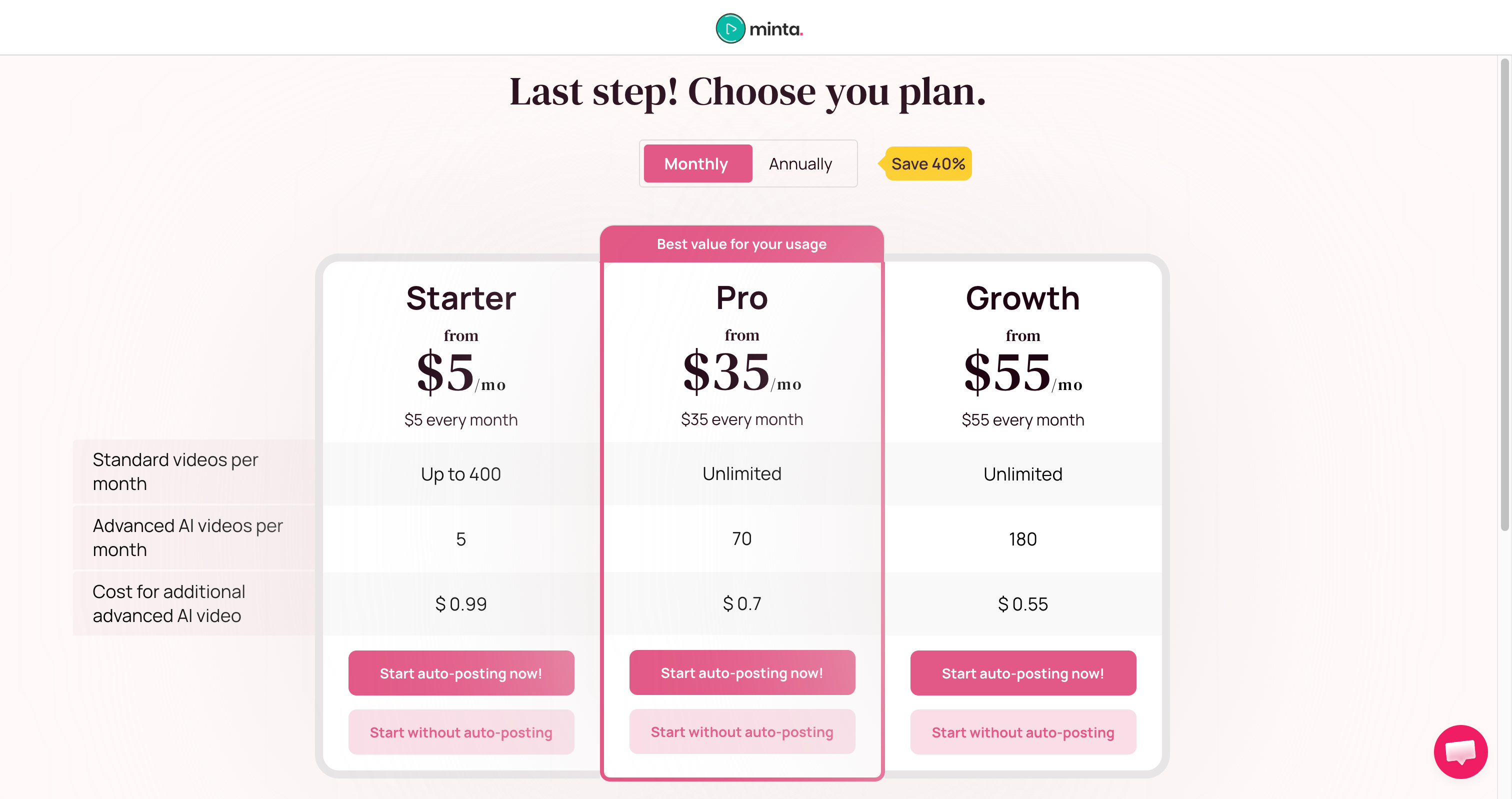 Minta Choose Your Plan paywall screen that appears as the final onboarding step with no bypass to a free dashboard