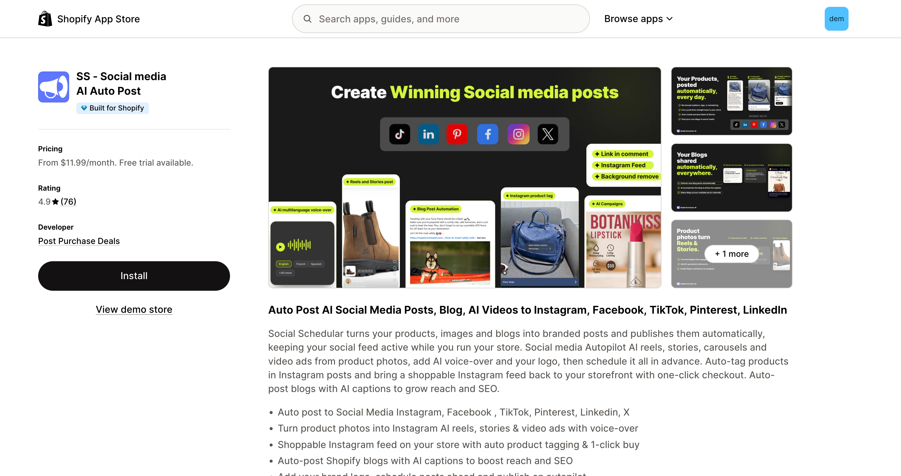 SS Social Media AI Shopify App Store listing