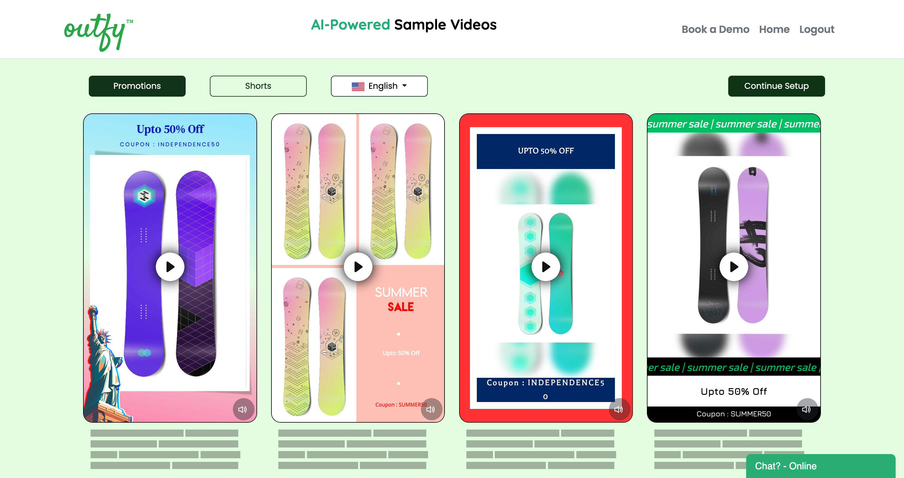 Outfy first open showing four sample promo videos automatically generated from the product catalog before any channel is connected
