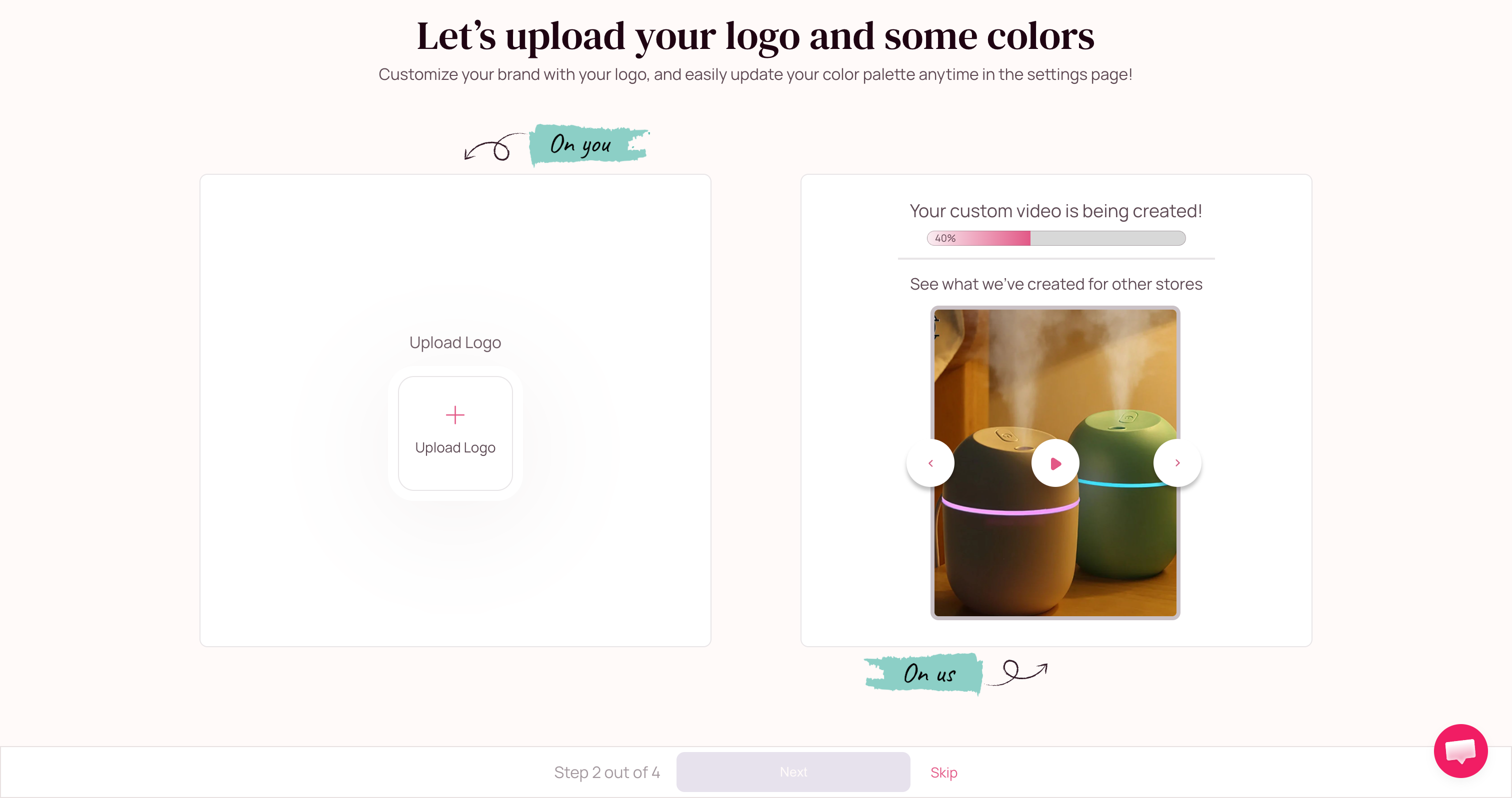 Minta onboarding step 2 showing the logo upload screen for the brand signature configuration