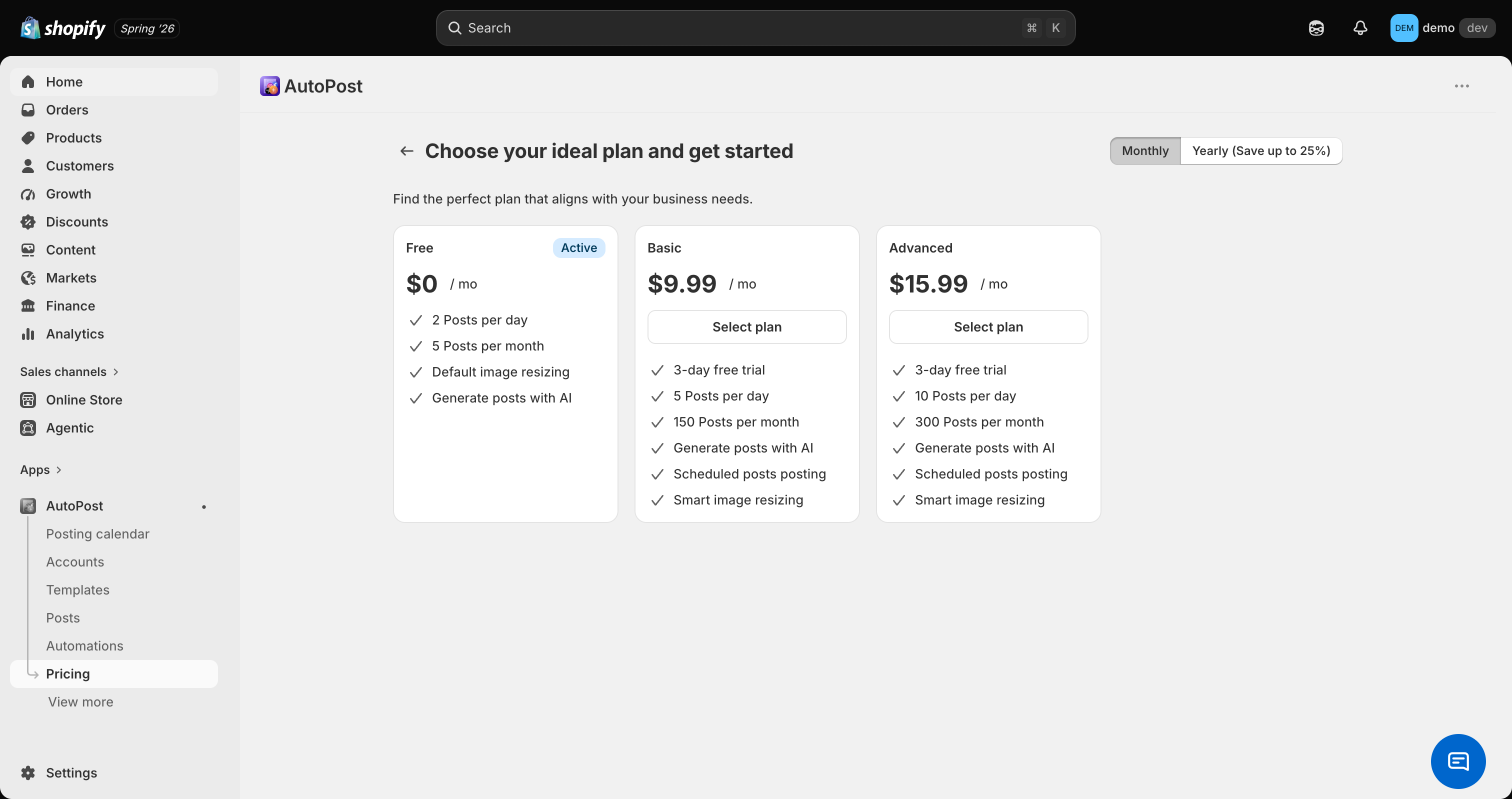 AutoPost AI pricing tiers showing Free, Basic, and Advanced plans with daily and monthly post limits