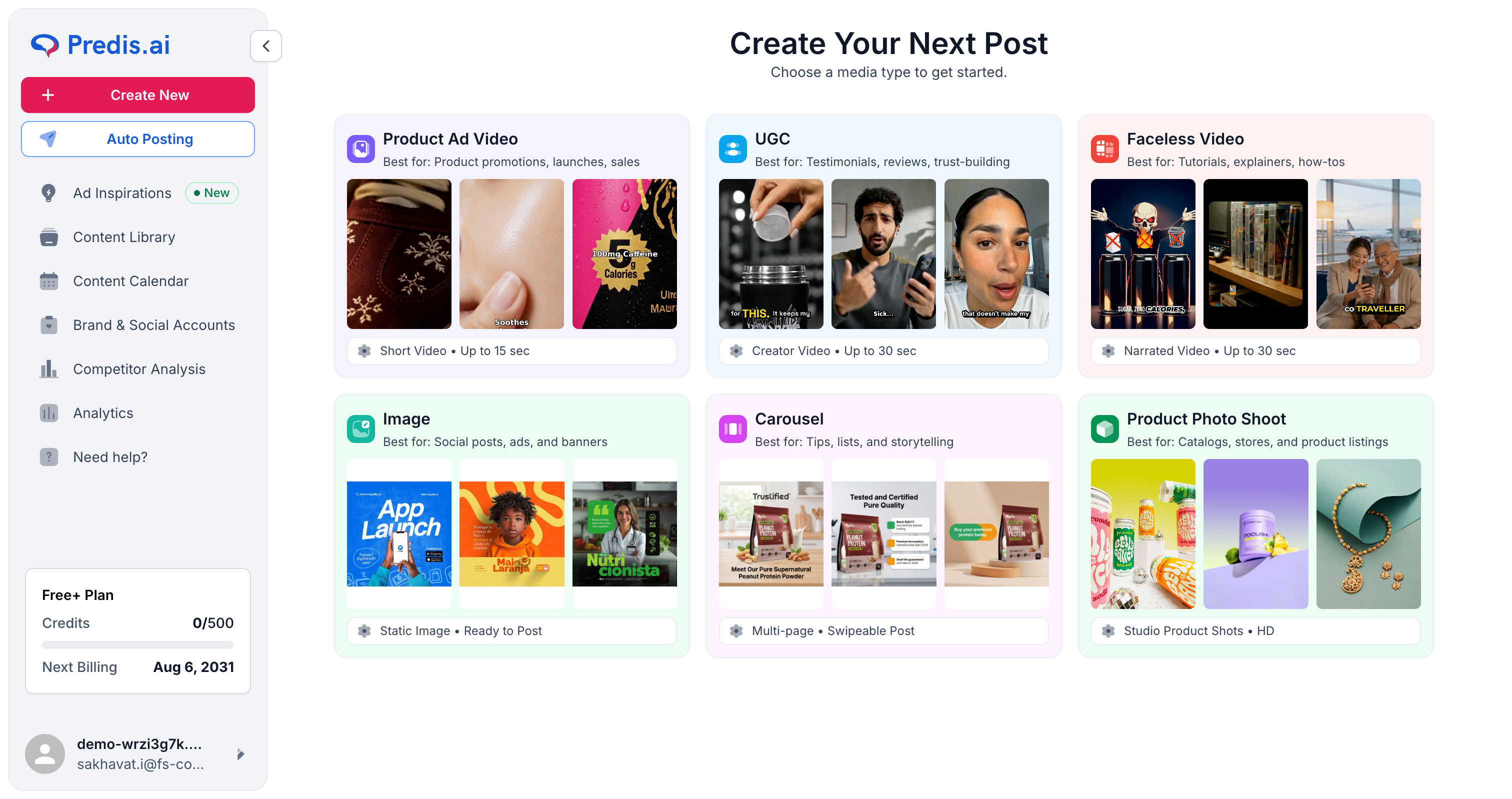 Predis.ai creation suite showing all 6 AI media type options including Product Ad Video, UGC, Faceless Video, Image, Carousel, and Photo Shoot